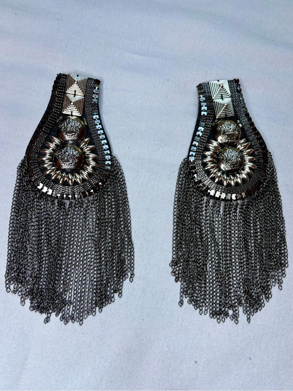 NWOT Gunmetal Chain Fringe Shoulder Epaulettes Brooch Pins Pair Punk Goth